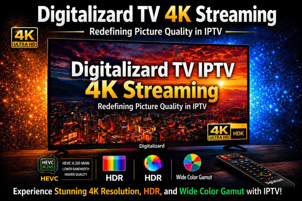 Digitalizard 4K streaming showcasing ultra high-definition IPTV picture quality on smart TV and devices.